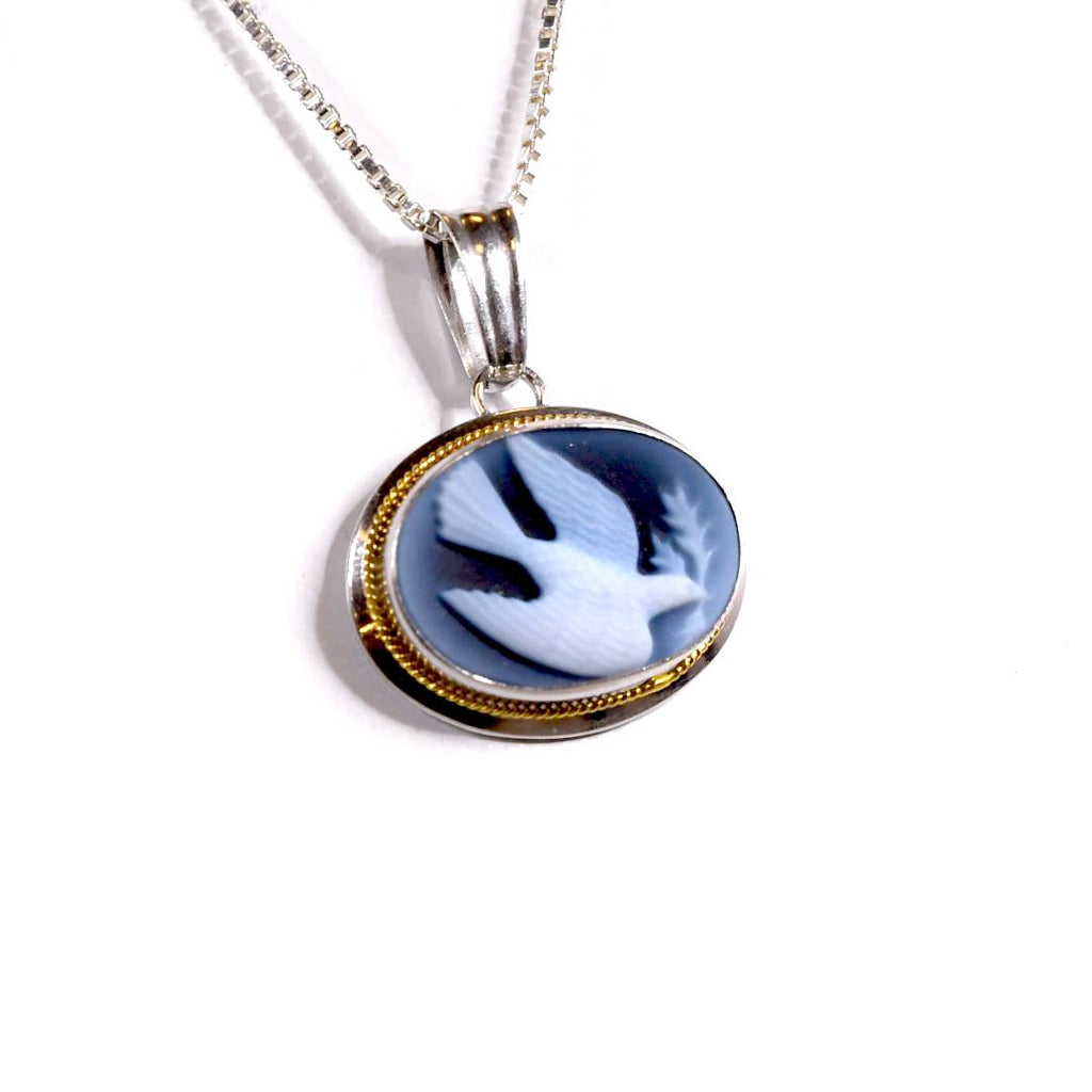 Peace Dove Blue Agate Cameo Necklace