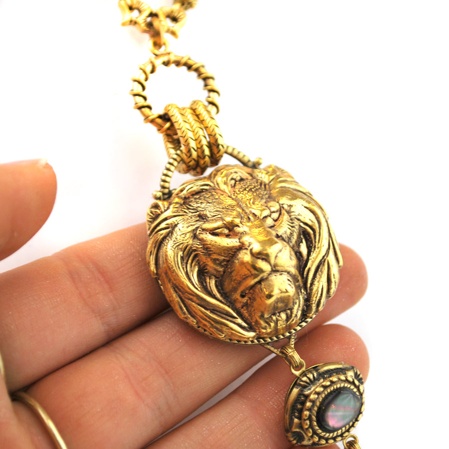 Gold Lion Head Necklace with Charcoal Drop - The New York Public Library Shop
