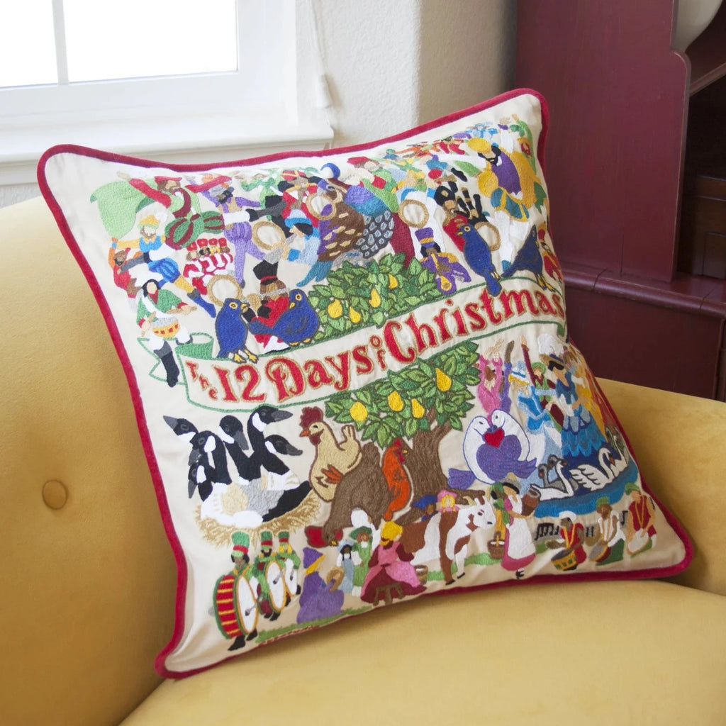 12 Days of Christmas Hand-Embroidered Pillow