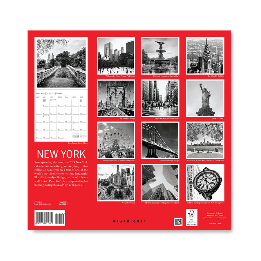 New York in B&W 2024 16-Month Wall Calendar