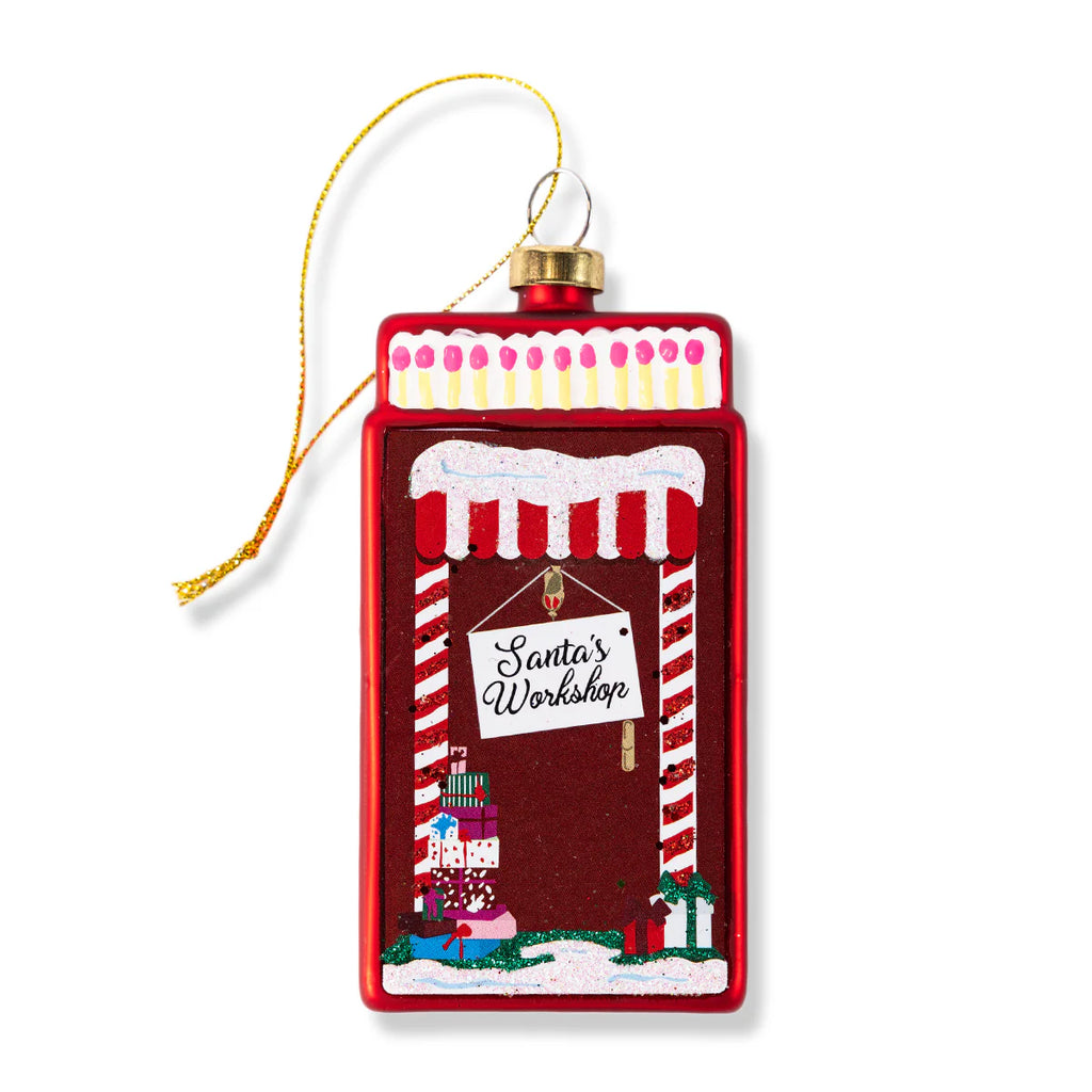 Santa's Workshop Matchbook Glass Ornament