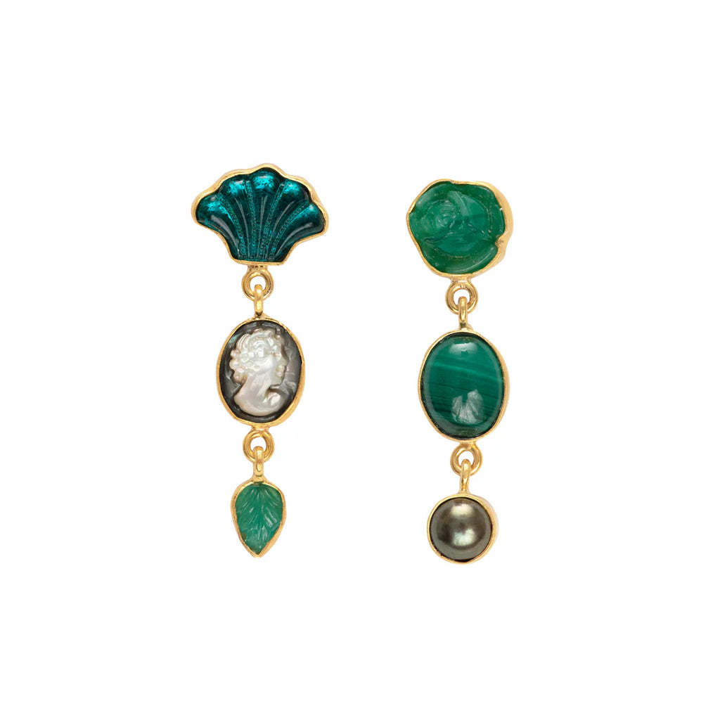 Green Three Charm Moving Drop Earrings