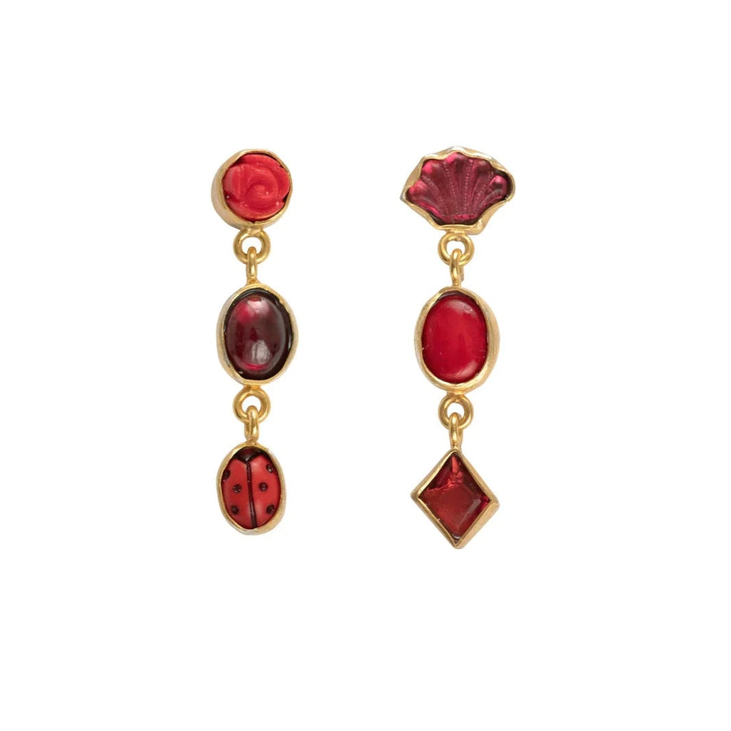 Red Three Charm Moving Drop Earrings