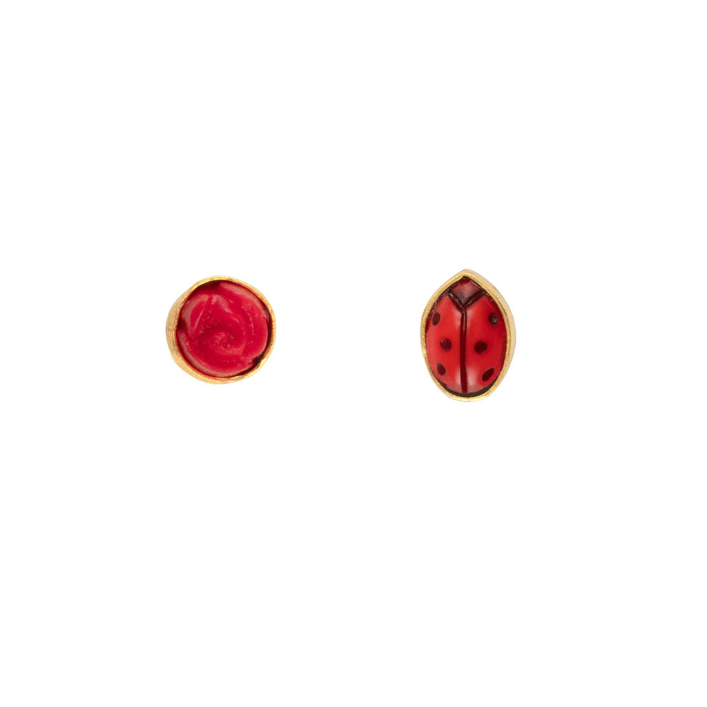 Mismatched Stud Earrings: Flower Ladybug