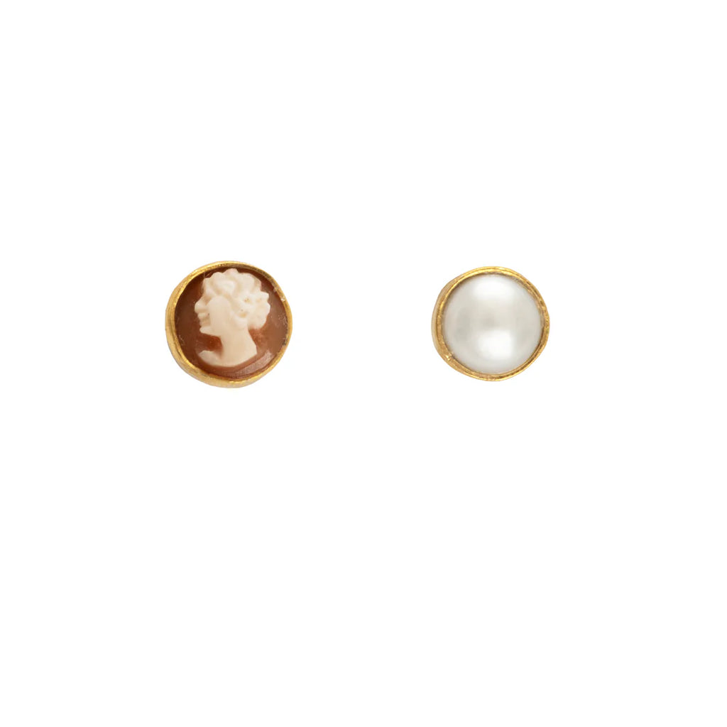 Mismatched Stud Earrings: Pearl Cameo