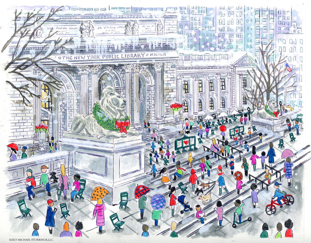 Michael Storrings's Hand-Glittered NYPL Lions During the Holiday Print