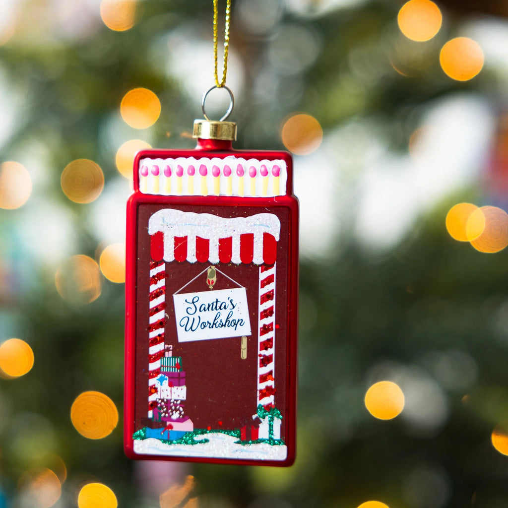 Santa's Workshop Matchbook Glass Ornament