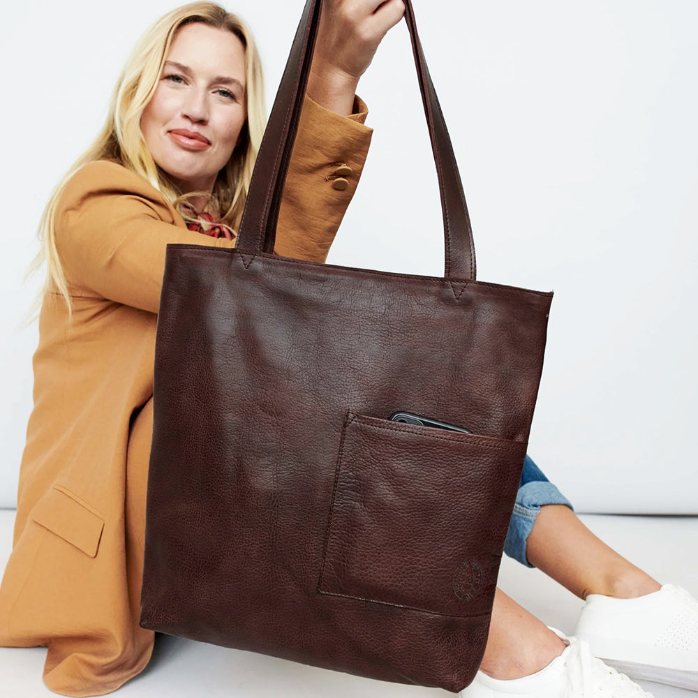 Leather NYPL Bookbinding Stamp Tote in Brown