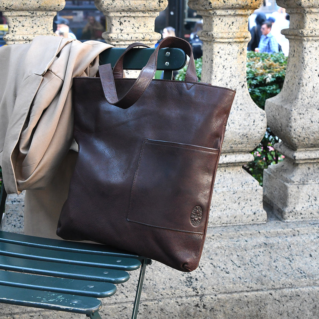 Leather NYPL Bookbinding Stamp Tote in Brown