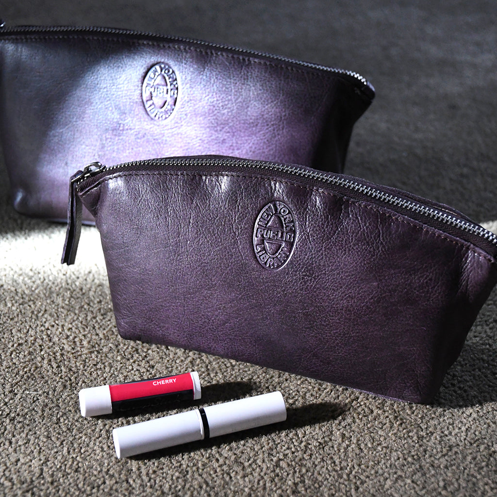 Leather NYPL Bookbinding Stamp Cosmetic Case in Eggplant