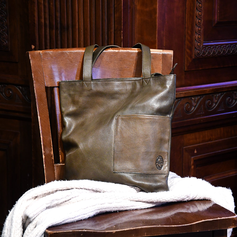 Leather NYPL Bookbinding Stamp Tote in Olive