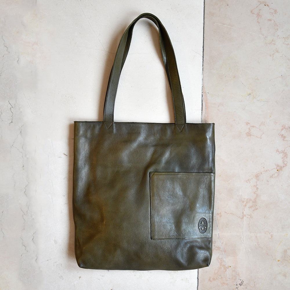 Leather NYPL Bookbinding Stamp Tote in Olive
