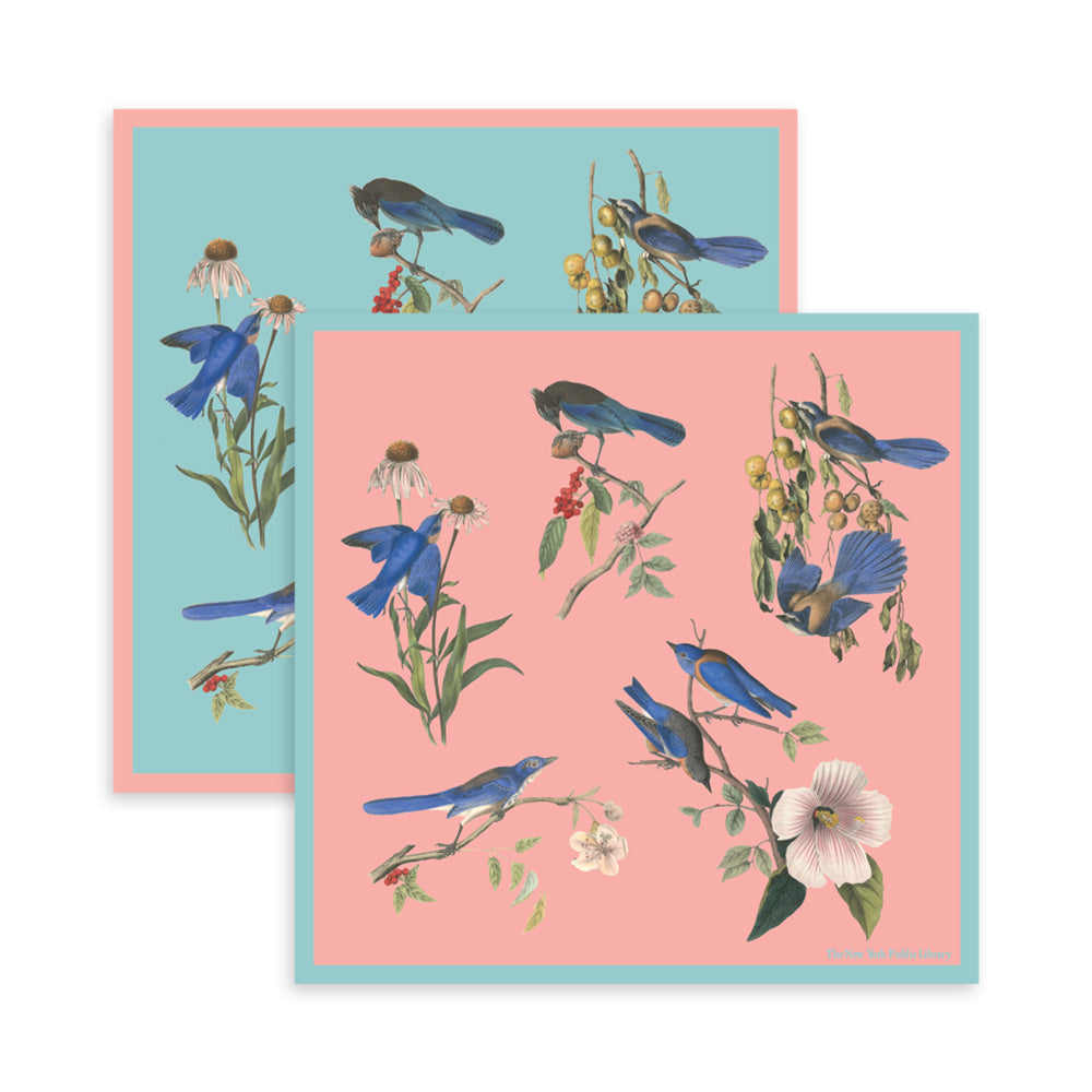 NYPL Audubon Blue Birds Double-Sided Silk Scarf