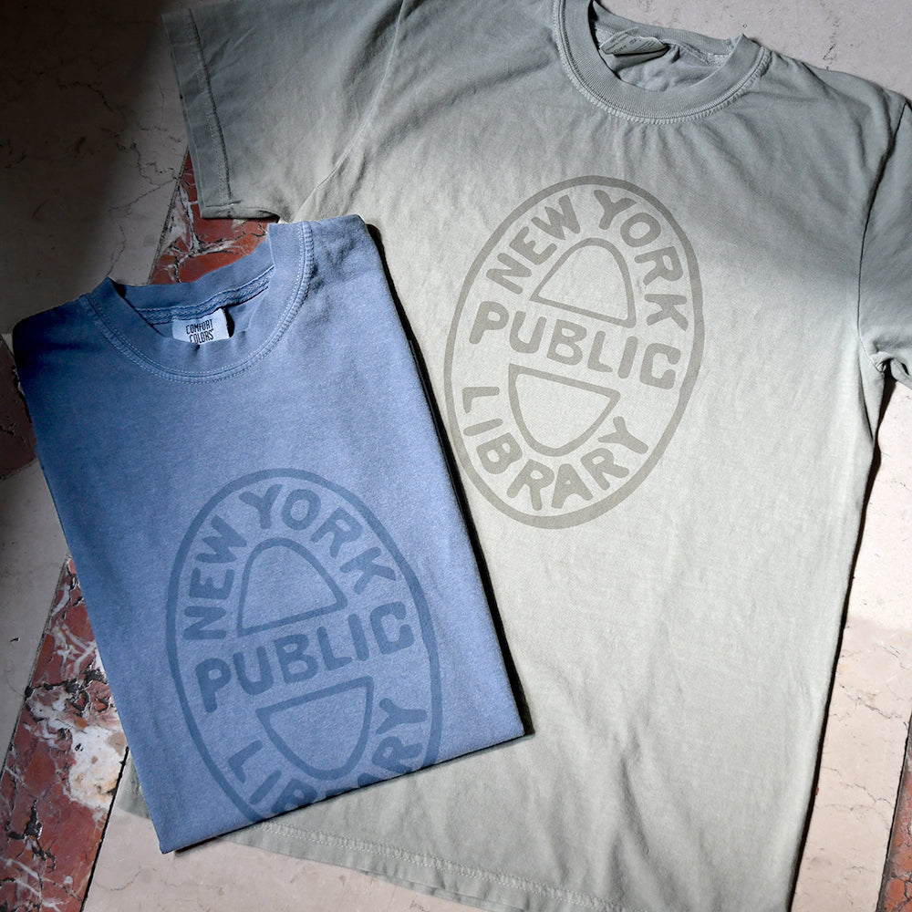 NYPL Bookbinding Stamp T-Shirt in Denim Blue