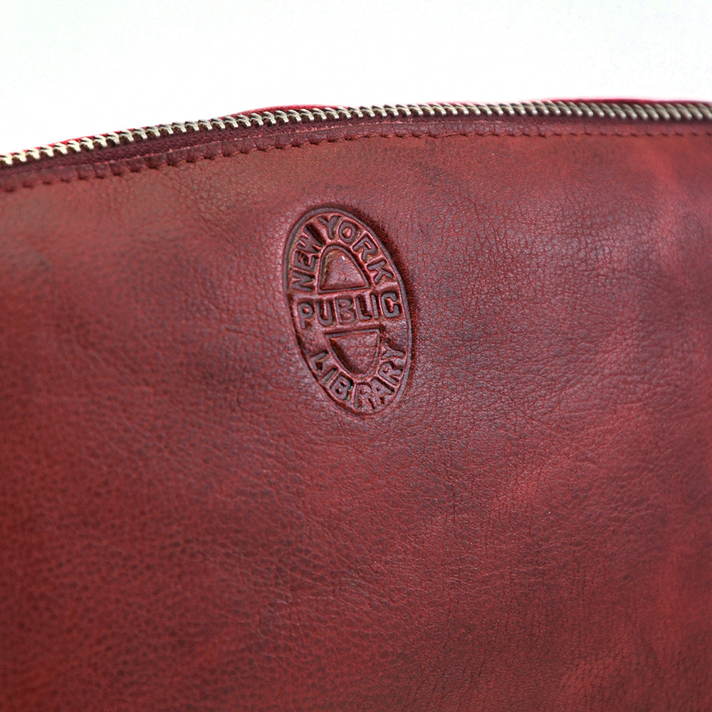 Leather NYPL Bookbinding Stamp Cosmetic Case in Oxblood
