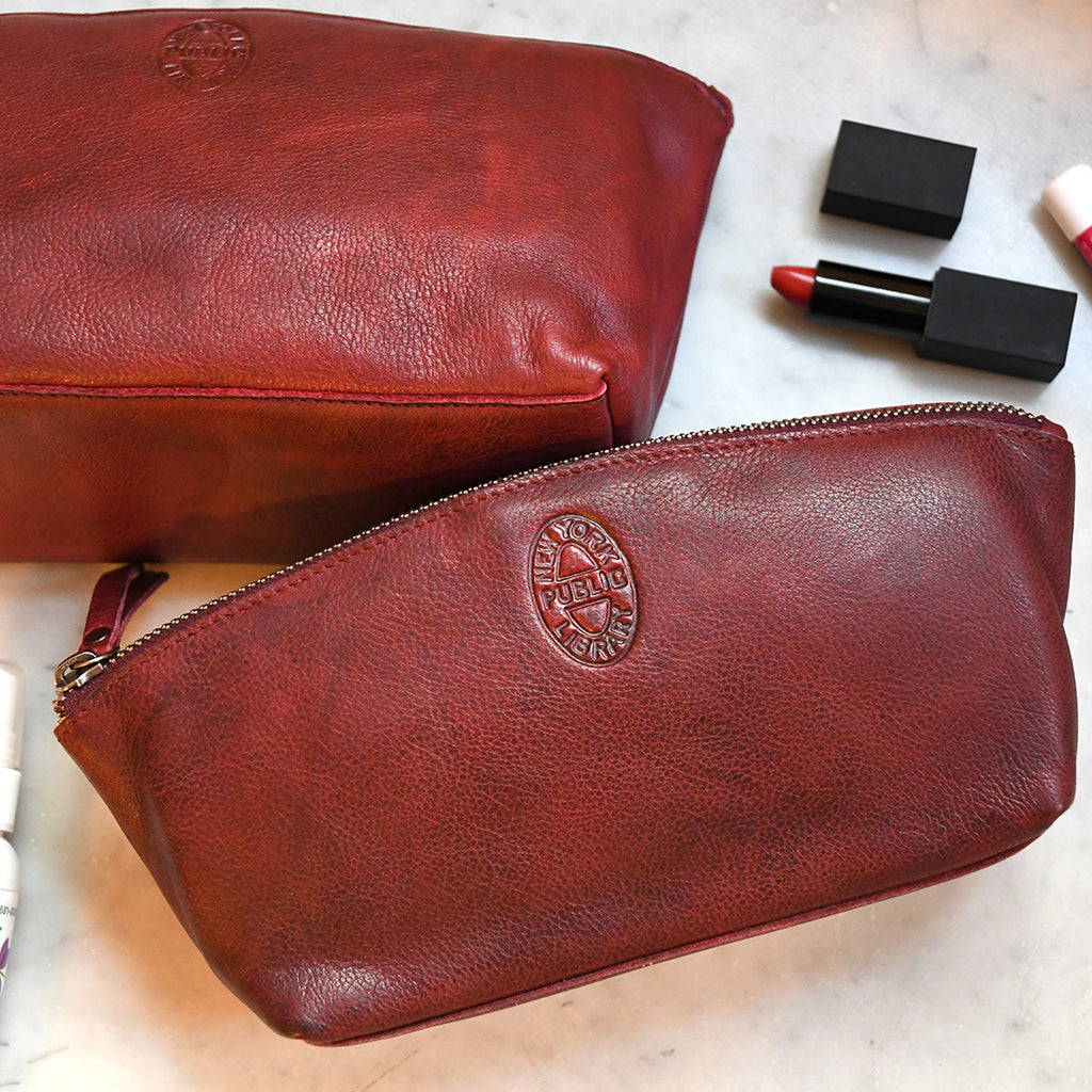 Leather NYPL Bookbinding Stamp Cosmetic Case in Oxblood