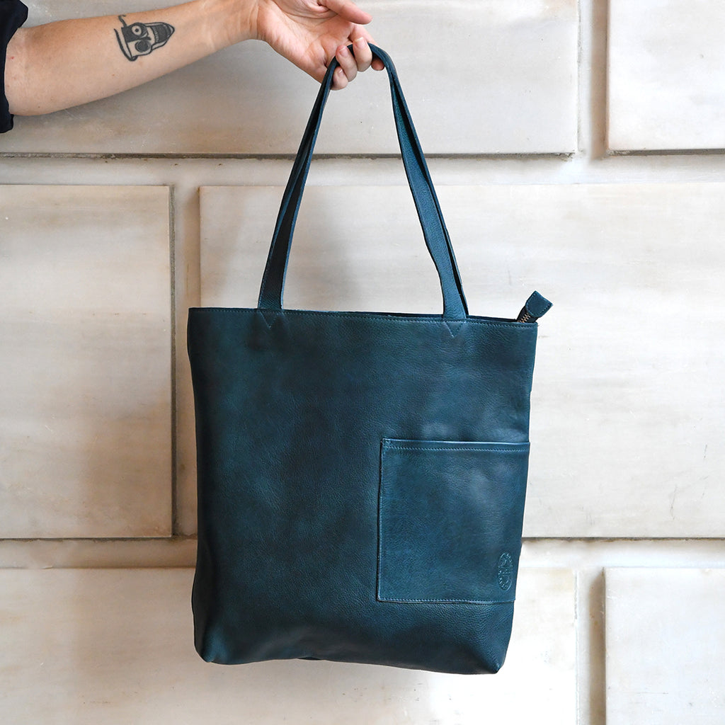 Leather NYPL Bookbinding Stamp Tote in Teal