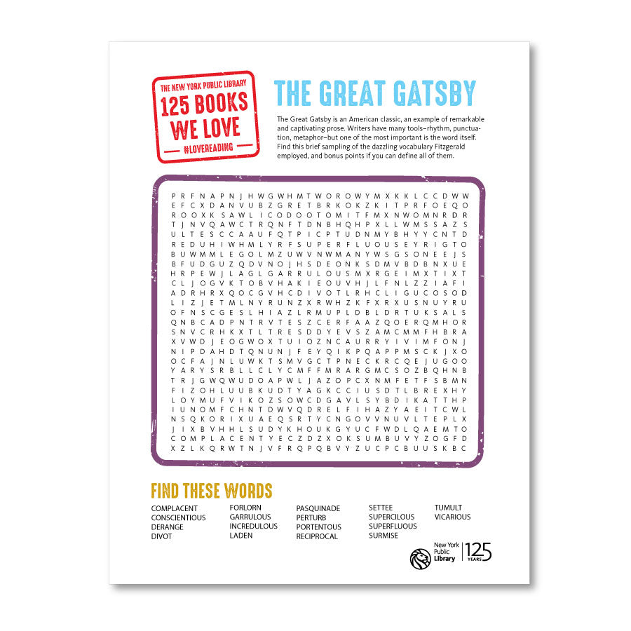 Printable Word Search: The Great Gatsby - The New York Public Library Shop