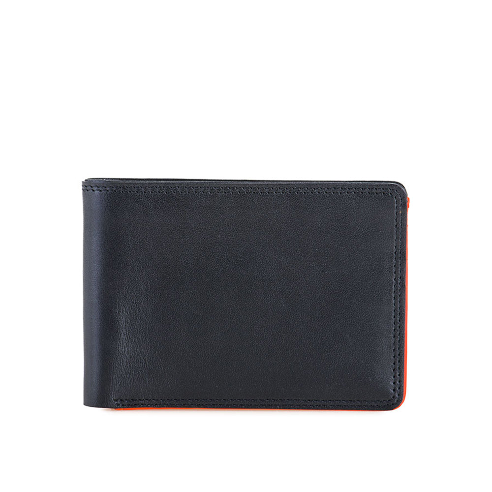 Men's bifold leather wallet with flap, saffiano orange