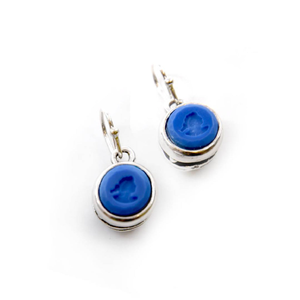 Round French Blue Intaglio Earrings