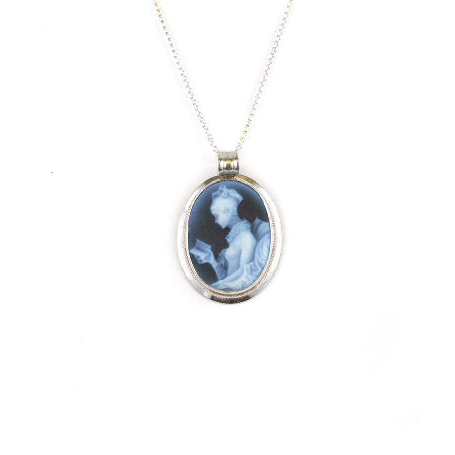 Reading Lady Blue Agate Cameo Necklace