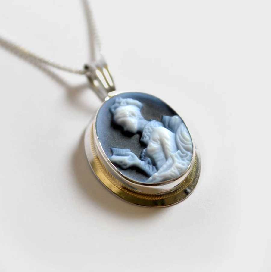 Reading Lady Blue Agate Cameo Necklace