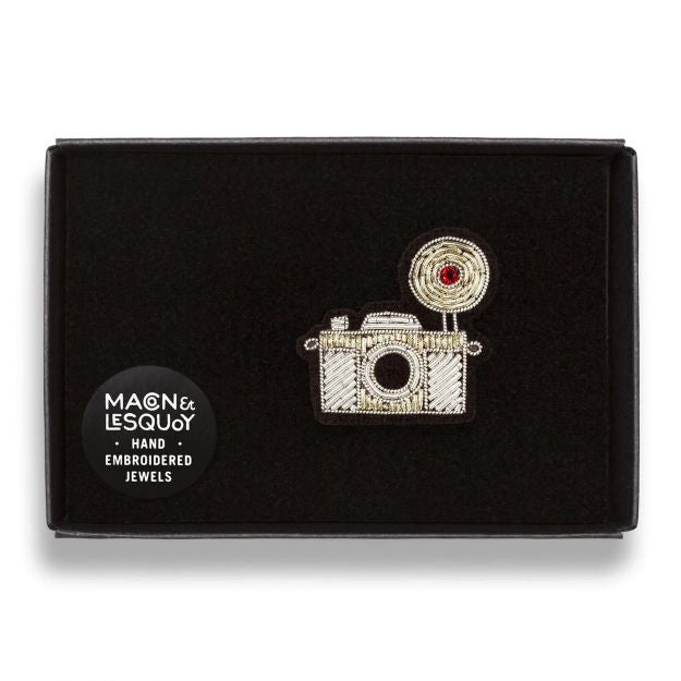 Silver Camera Embroidered Brooch