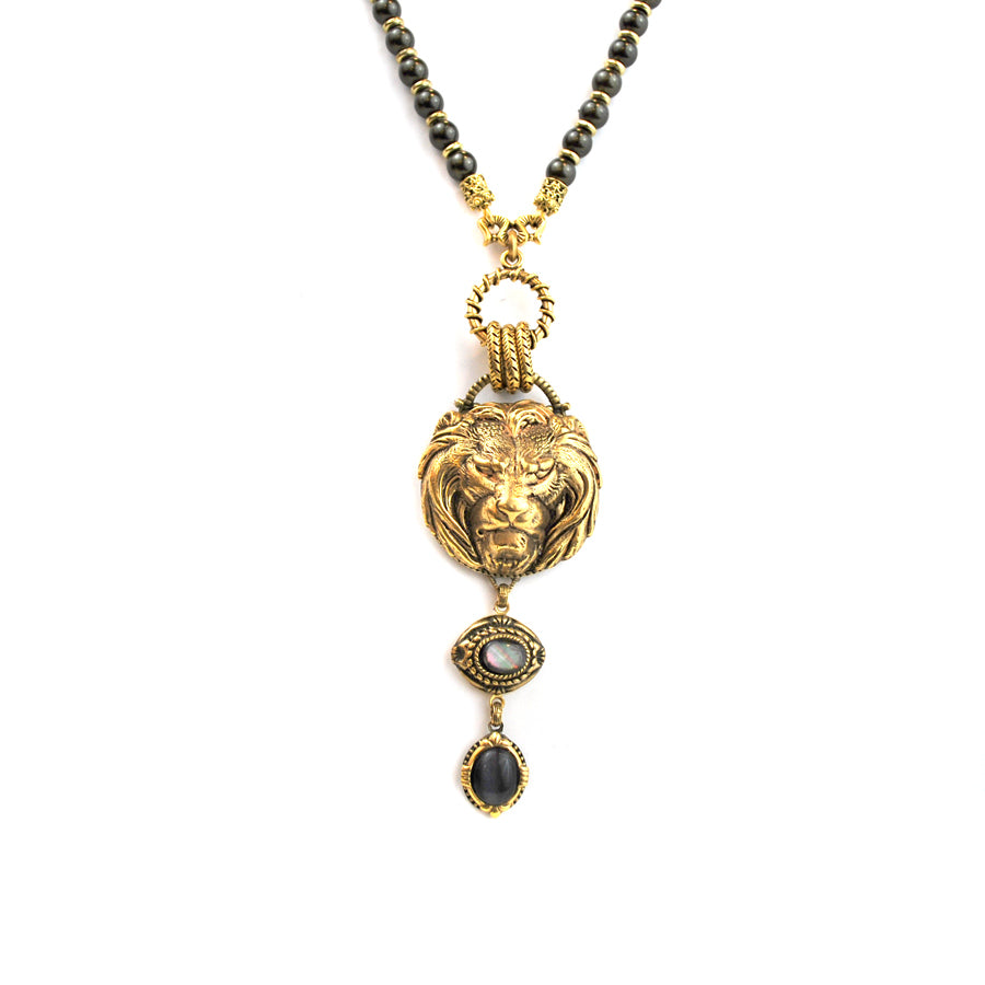 Gold Lion Head Necklace with Charcoal Drop - The New York Public Library Shop