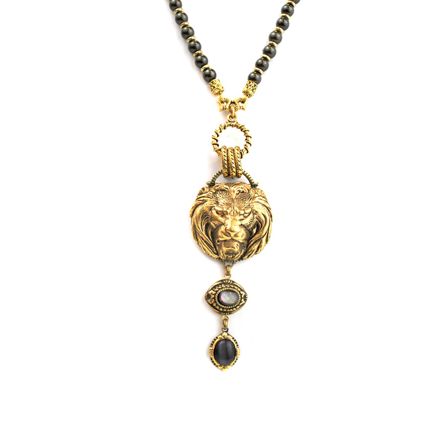 Gold Lion Head Necklace with Charcoal Drop | The New York Public