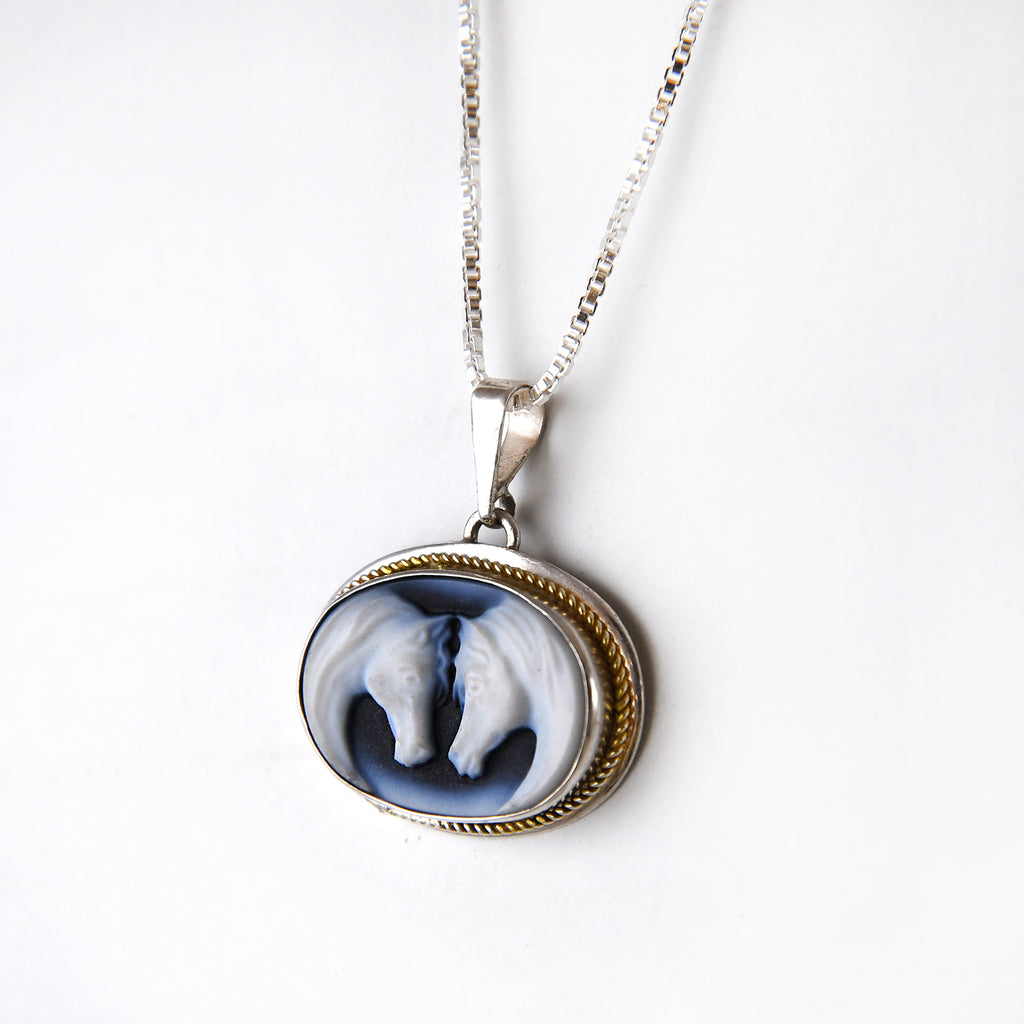 Two Horses Agate Cameo Necklace